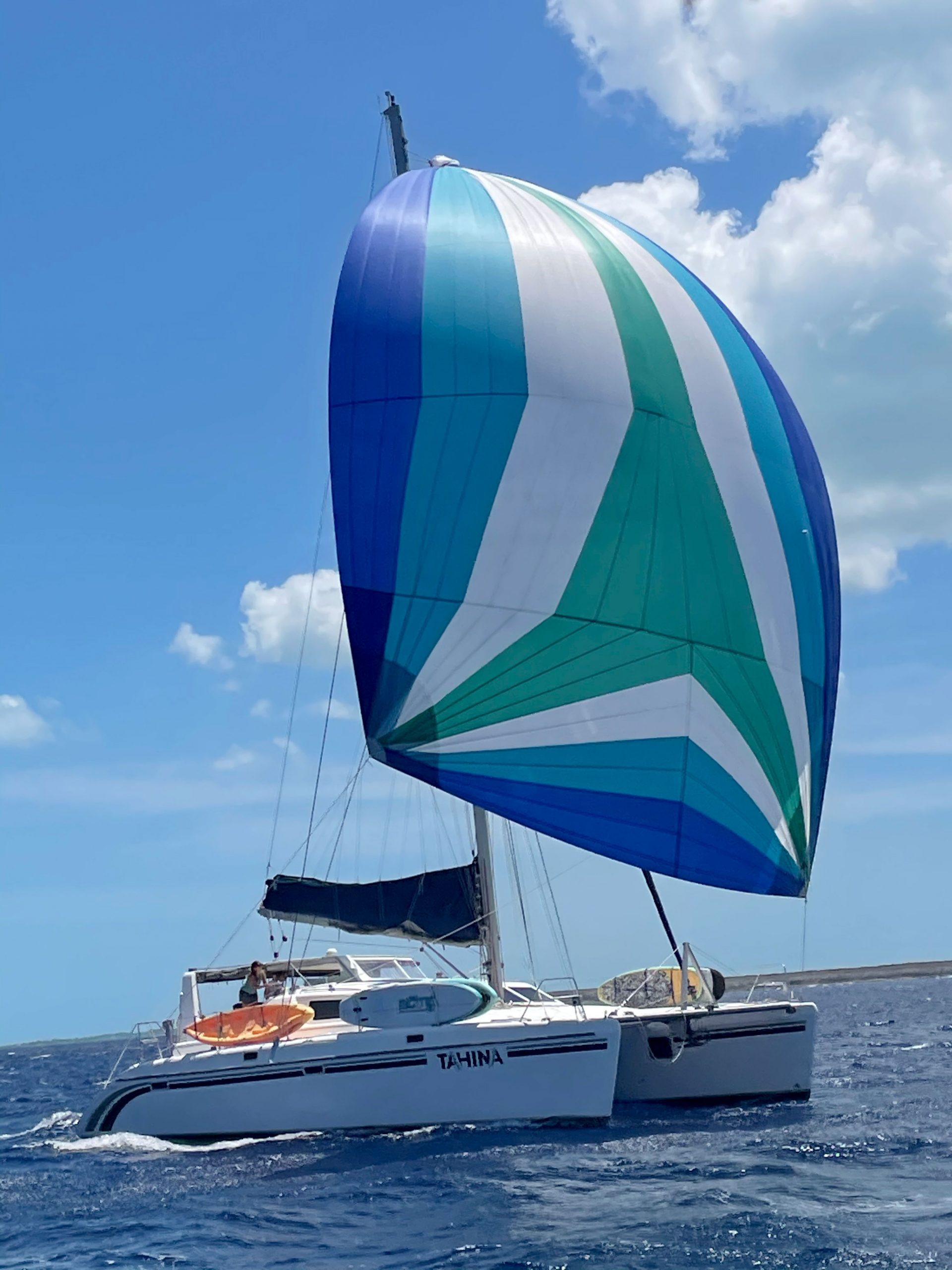 Catamaran sailing with spinnaker hoisted